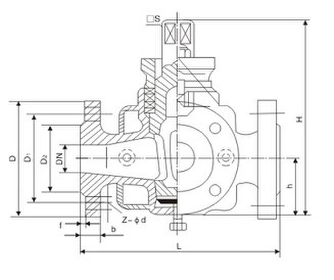 BX44W-10C/P法兰式三通保温旋塞阀外形结构尺寸图