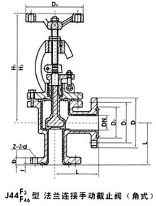 J44F46-16C手动角式衬氟截止阀主要外形和连接尺寸图