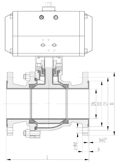 Q641F46气动衬氟法兰球阀PN16~PN100外形尺寸图